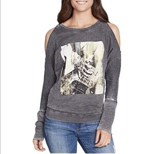 🟢William Rast Whitney Cold-Shoulder Graphic Sweatshirt Grey Worn Out Size XL